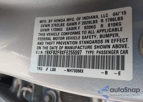 2015 Honda Civic Ex-L from USA, damaged, VIN 19XFB2F9XFE255597